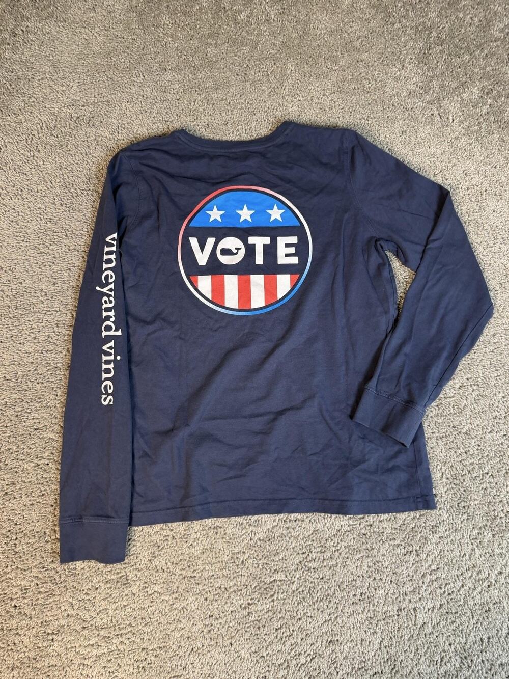 Vineyard Vines Shirt Womens M Blue Vote Graphic Long Sleeve Pocket Crewneck